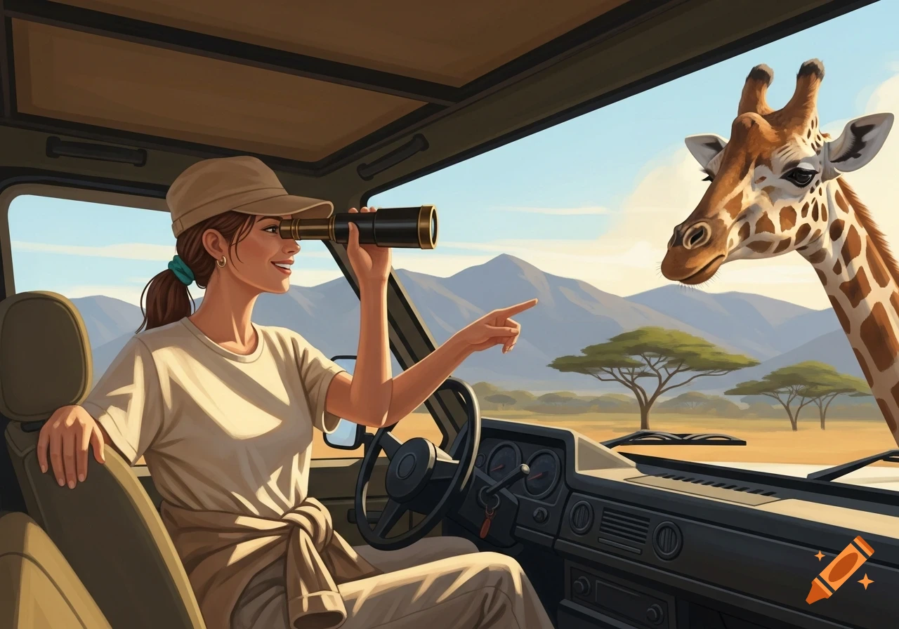 An illustrated woman in a safari truck looks through a spyglass, pointing at a giraffe with a savanna and mountains in the background.
