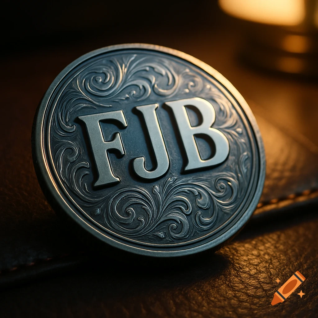 An ornate dark silver challenge coin with the letters FJB embossed in the center, resting on a dark leather surface.