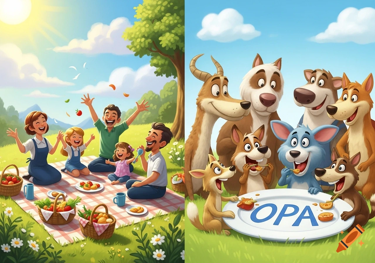 A split image of a cartoon family having a picnic and cartoon animals eating around a plate with the word OPA.