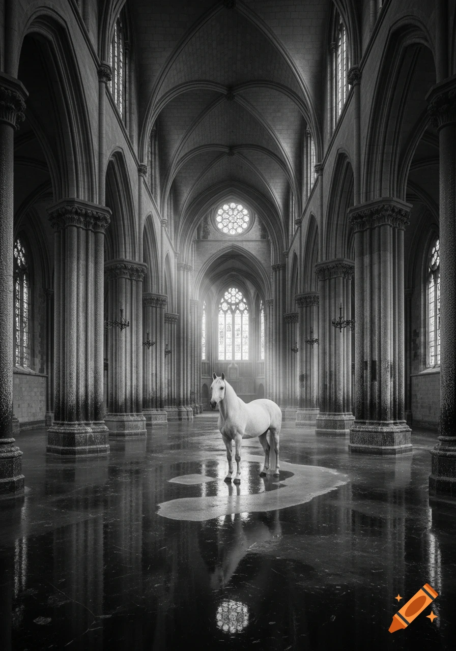 A white horse stands in the center of a vast, flooded black and white gothic cathedral, with light rays streaming through windows.