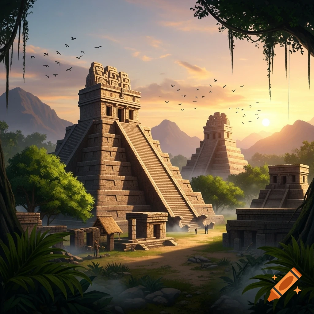 Ancient Mayan-style pyramids in a lush jungle at sunset, with birds flying over mountains.