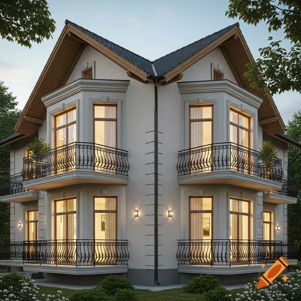 A symmetrical, two-story house with bay windows, corner balconies, a pitched roof, and surrounding greenery at dusk.