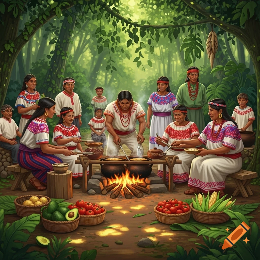 A group of indigenous people cook over an open fire in a vibrant forest, surrounded by fresh produce, in a detailed painting.
