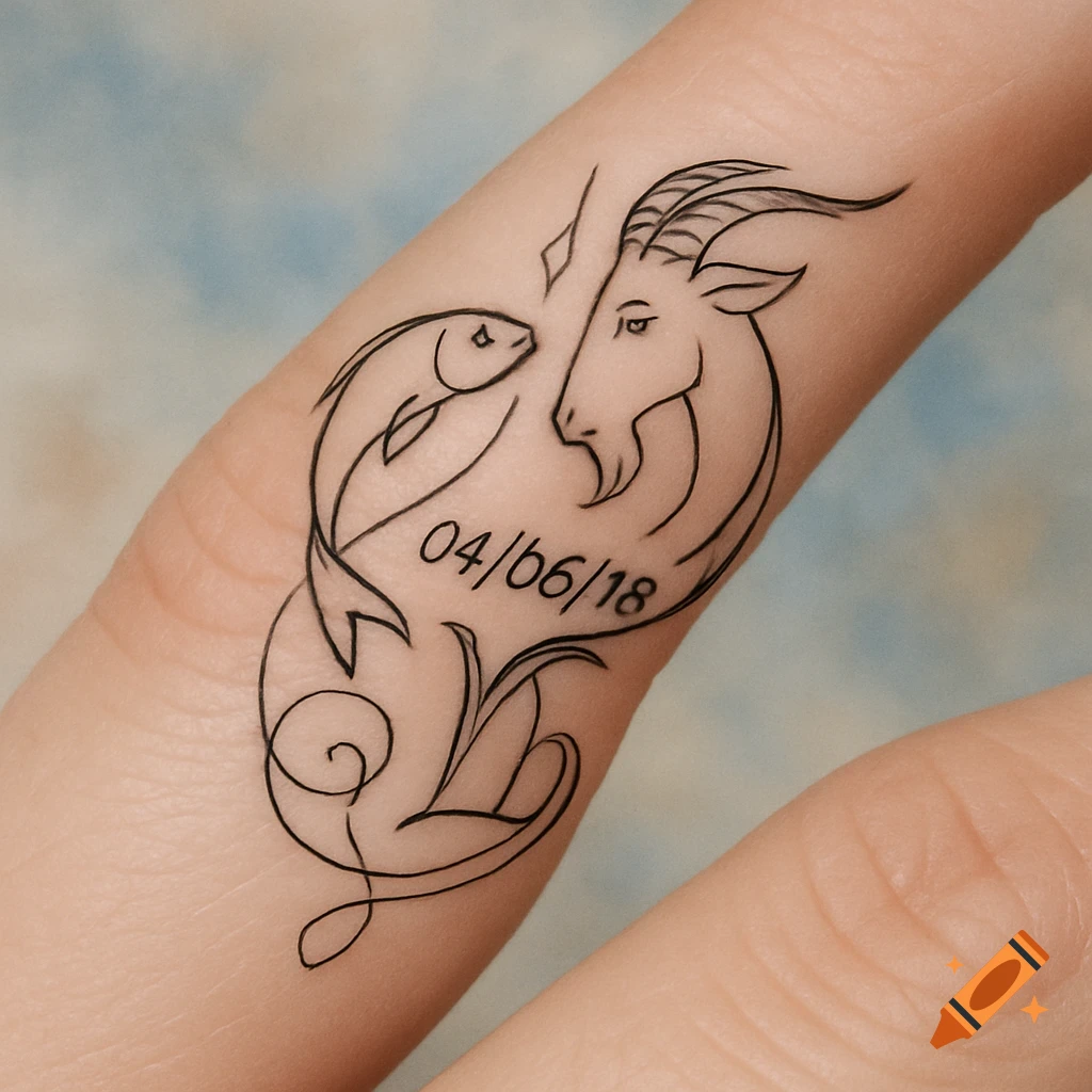 A minimalist line art tattoo of a fish and a goat intertwined with the date 04/06/18 on a finger.