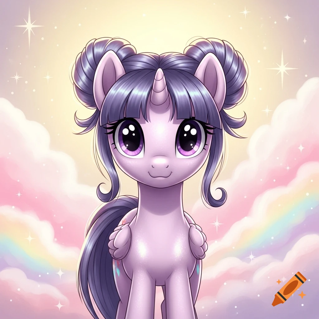 A cute cartoon My Little Pony unicorn filly with purple hair in two buns, set against a pastel sky with clouds and a rainbow.
