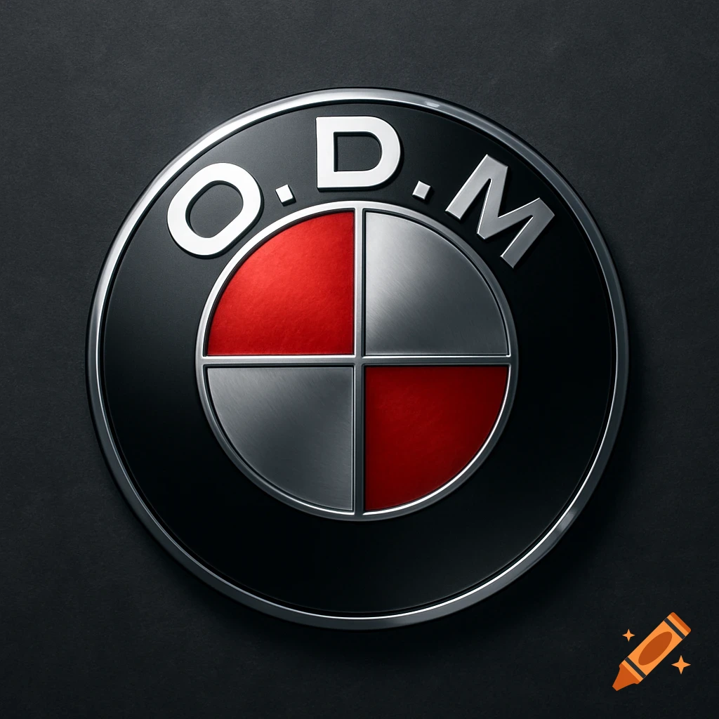 A round, metallic logo on a dark background, featuring "O.D.M" at the top and a quadrant design with red and silver sections.