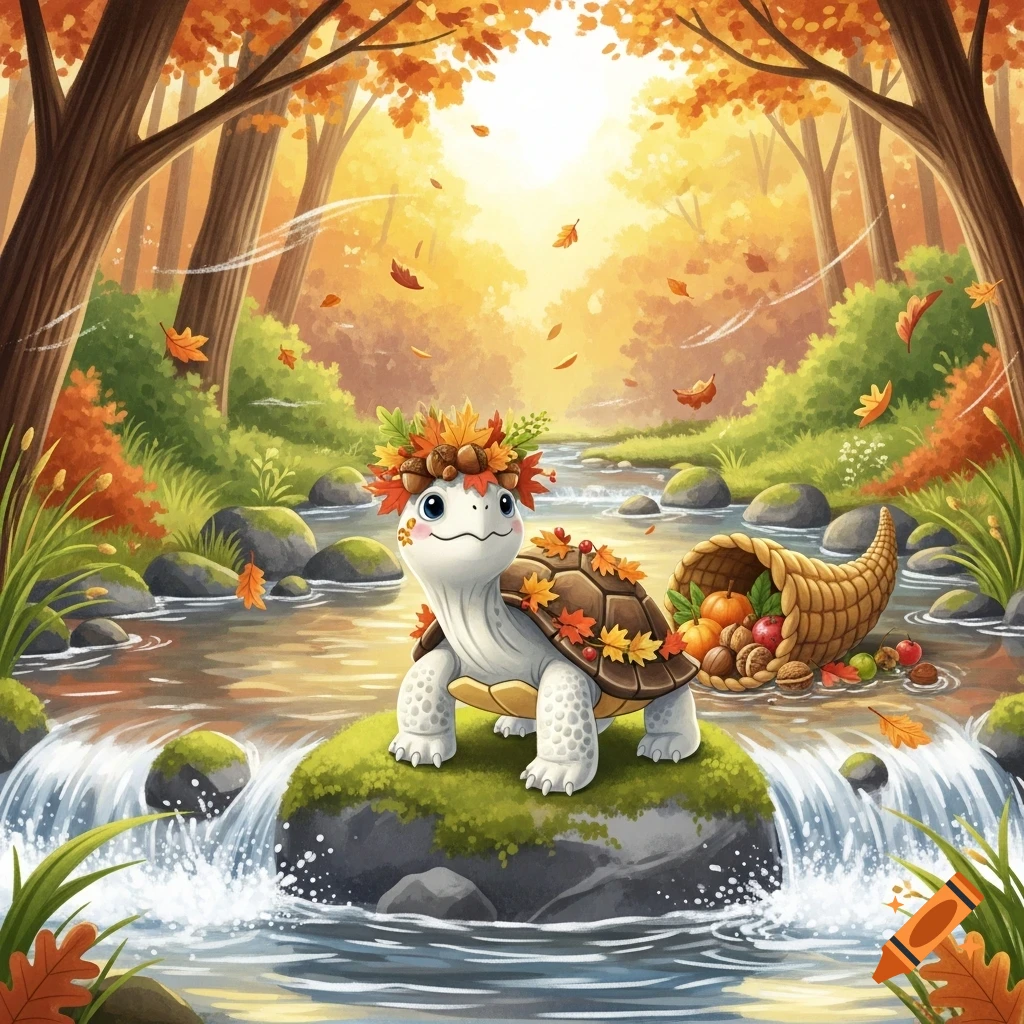 Cute white turtle with an autumn leaf crown on a rock in a river, surrounded by a fall forest and a cornucopia.