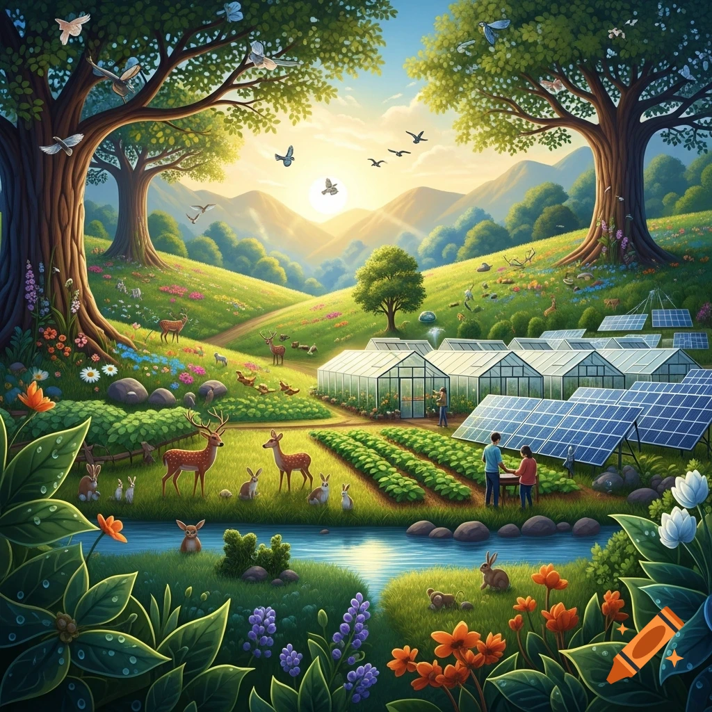 Vibrant, idyllic landscape with lush trees, a river, animals, greenhouses, crops, solar panels, and people, depicting sustainability.