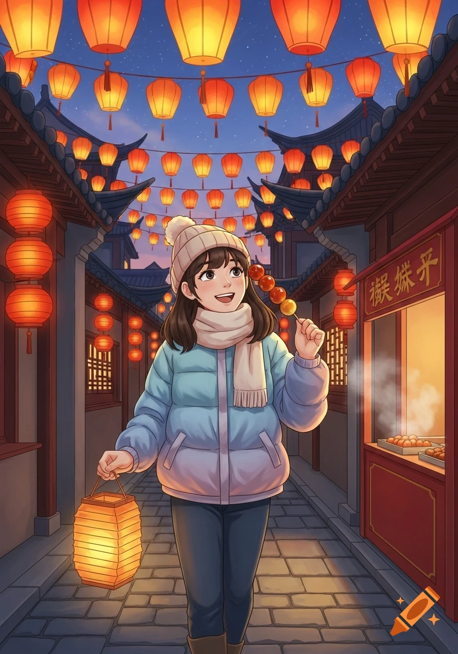 A cheerful East Asian girl walks through a traditional Chinese lantern festival street at dusk, holding a paper lantern and tanghulu, in a vibrant 2D illustration.