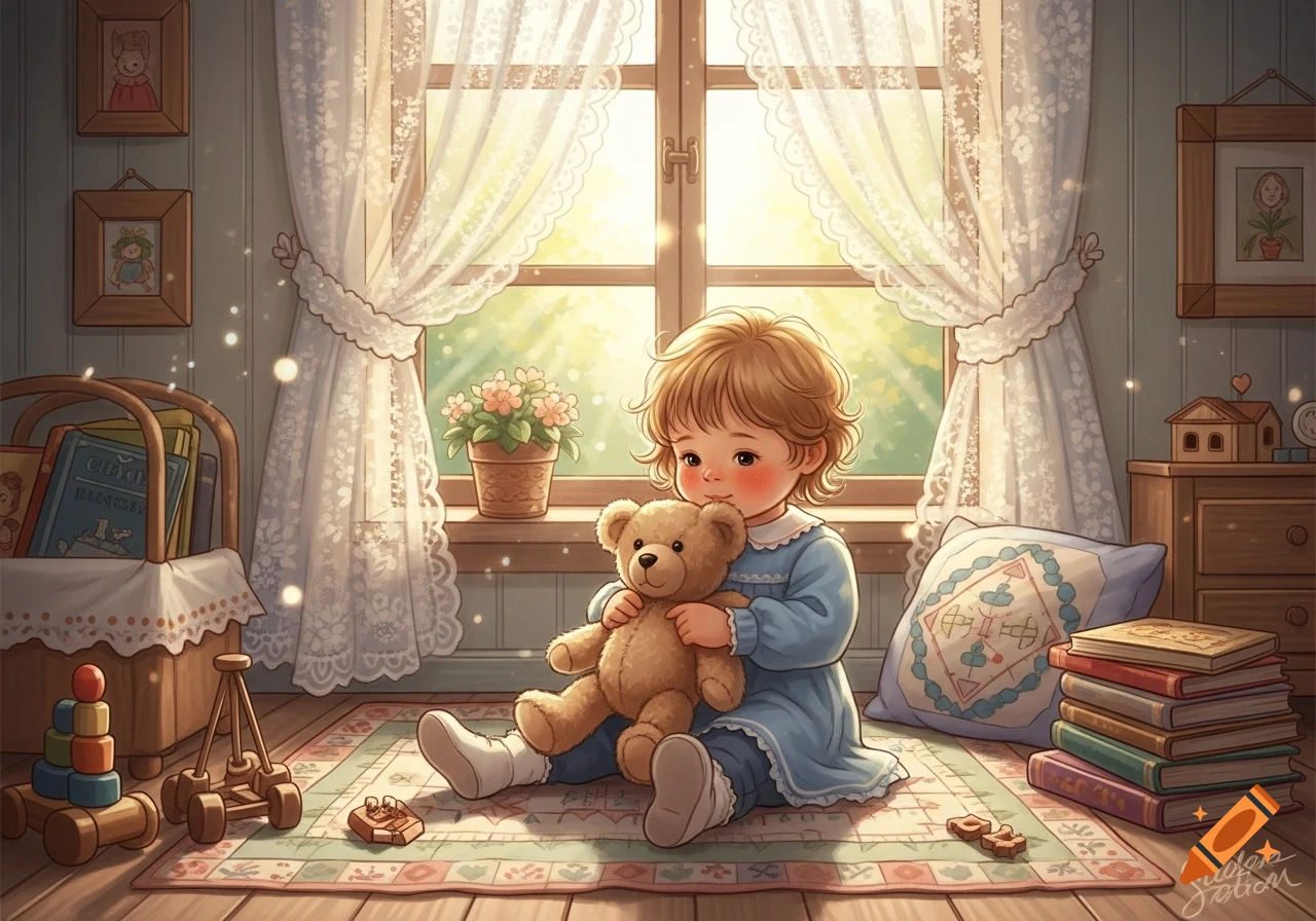 A sweet, light-filled illustration of a young child with a teddy bear, sitting on a patterned rug in a sunlit room with lace curtains.