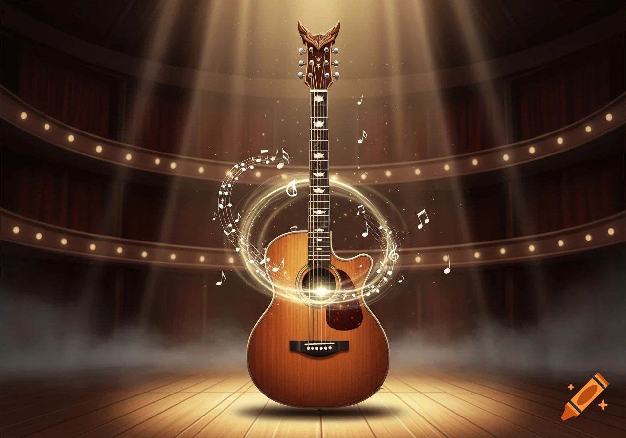 Acoustic guitar on a spotlighted stage, surrounded by glowing musical notes and light rings, in an illustrative style.