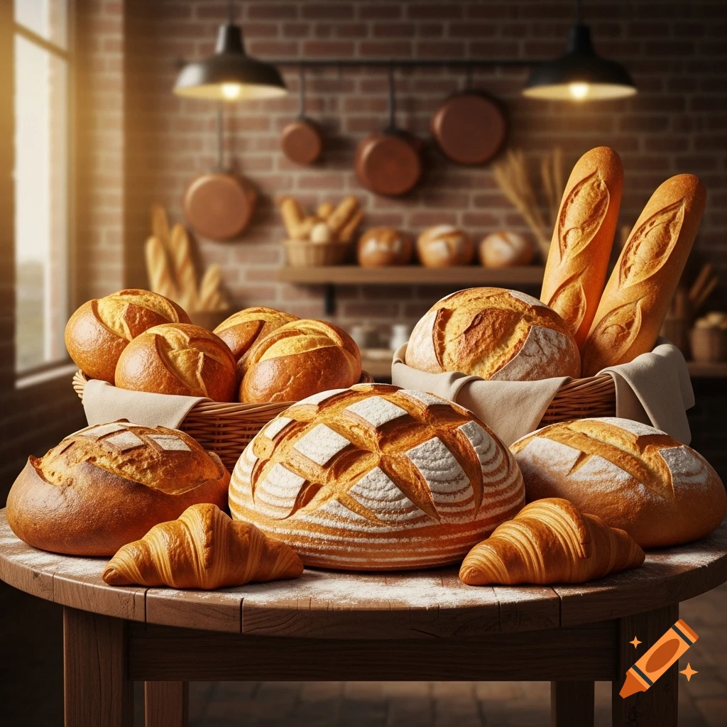 A variety of fresh, golden-brown bread loaves, baguettes, and croissants arranged on a wooden table in a rustic bakery setting.