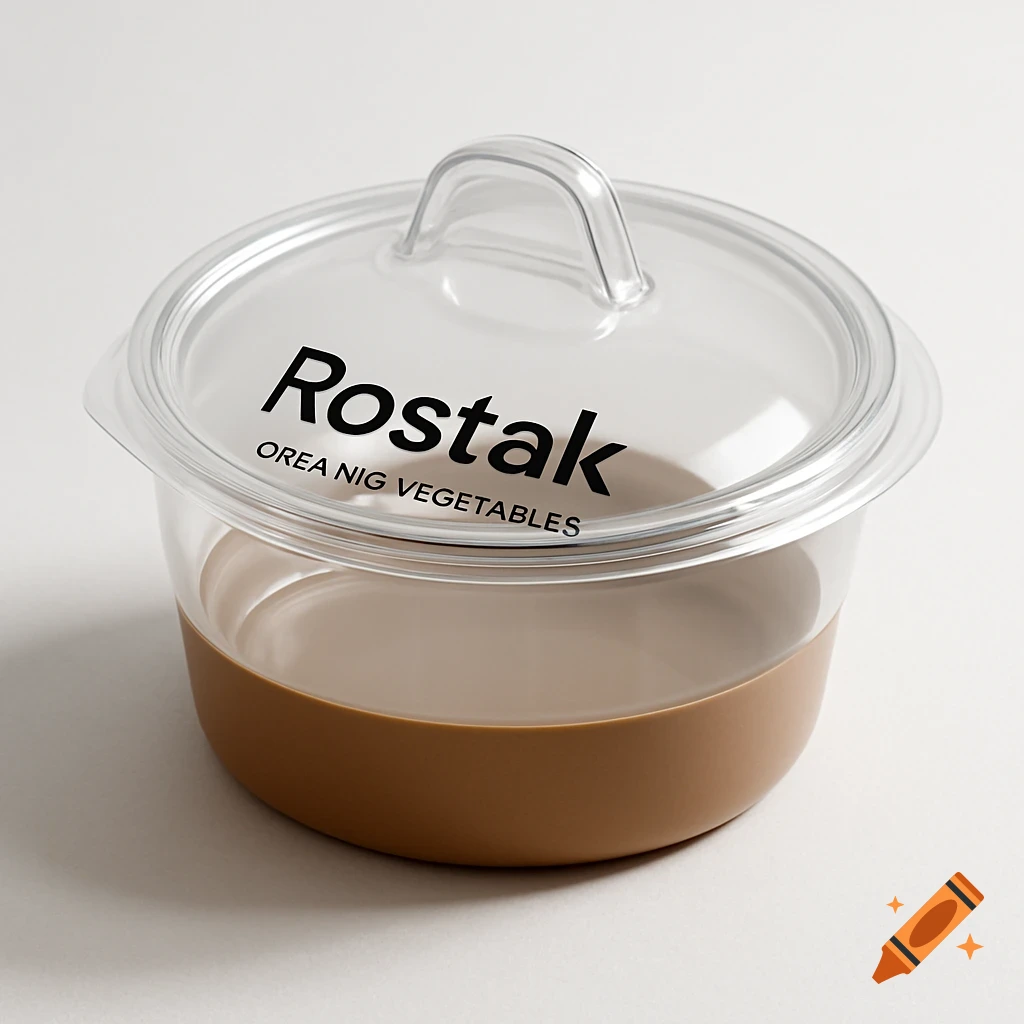 A clear plastic lid with a handle sits on a brown container, featuring the brand name Rostak and garbled text below it.