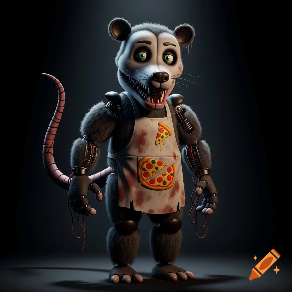 A full-body concept art illustration of a worn animatronic opossum mascot, with patchy fur, exposed joints, an apron, and sharp teeth, set in a dim, dramatic horror atmosphere.