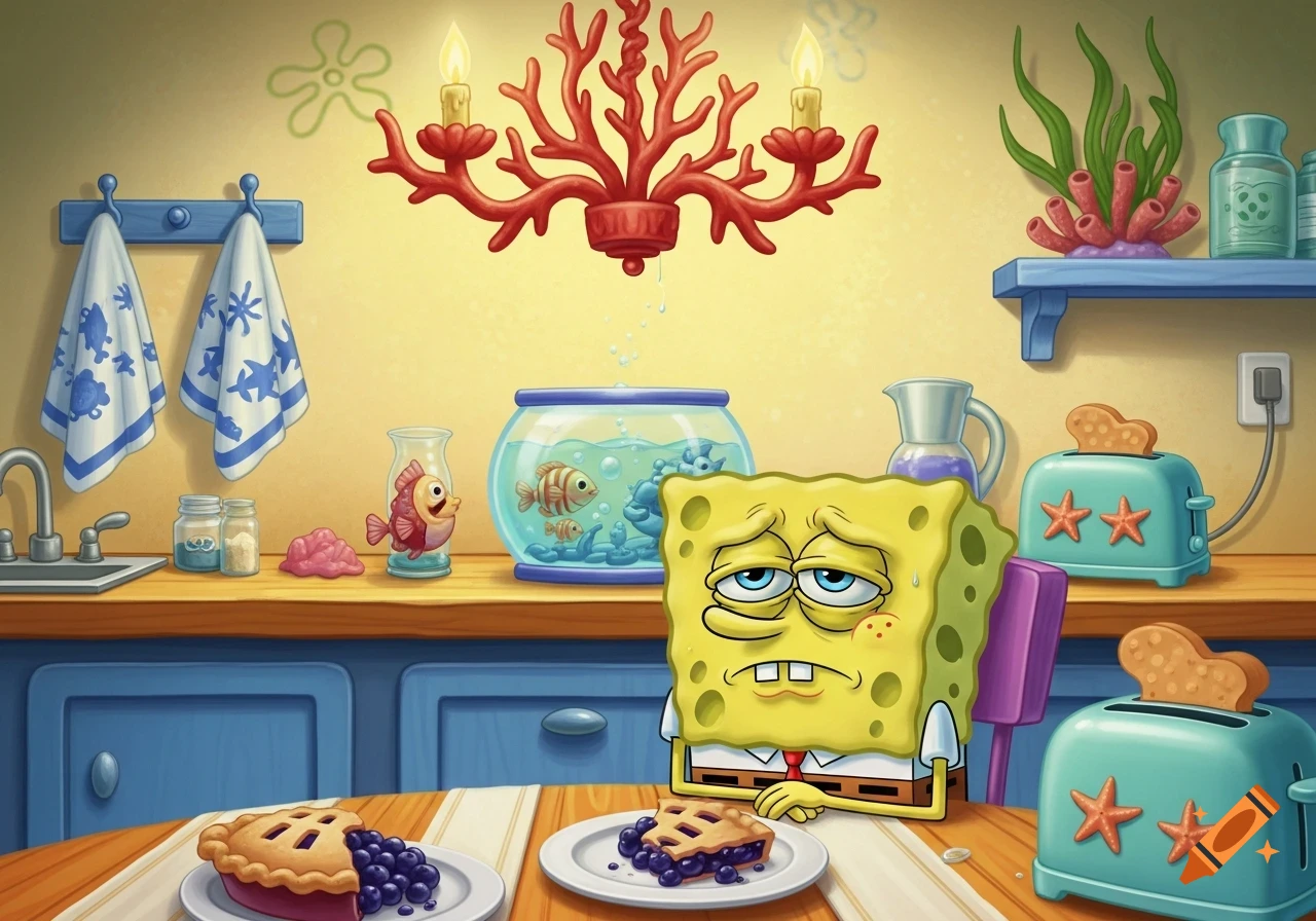 Spongebob Squarepants looks sad and sick, sitting at a kitchen table with blueberry pies, in a vibrant cartoon style.