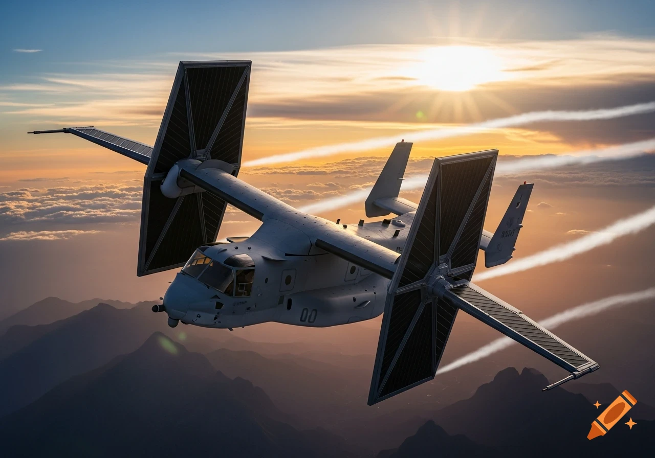 A photorealistic white hybrid V-22 Osprey and TIE Fighter aircraft flies over mountain peaks during a vibrant sunset.