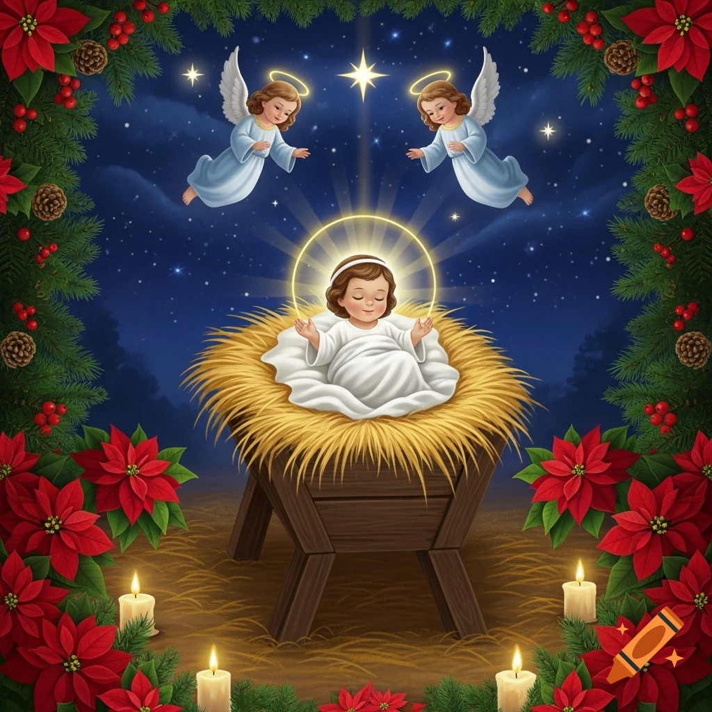 An illustrative nativity scene with baby Jesus in a manger, two angels, and the Christmas star, framed by poinsettias and pine branches.