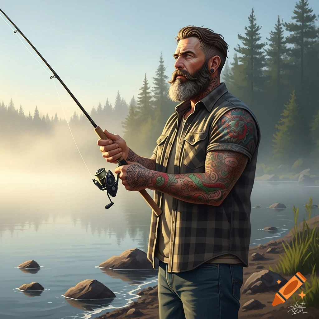 A bearded, tattooed man in a plaid shirt fishes by a misty lake with a forest in the background, photorealistic style.
