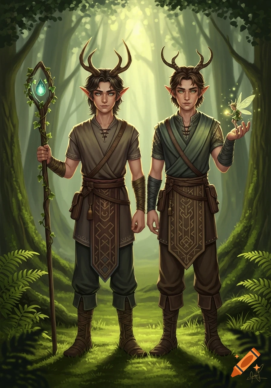 Two brown-haired elf boys with antlers stand in an enchanted forest. One holds a glowing staff, the other a tiny fairy.