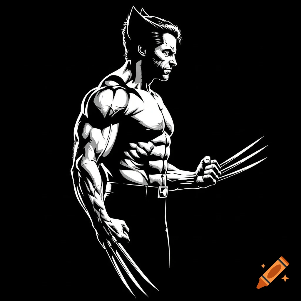 White on black stencil illustration of Wolverine, shirtless, standing in side profile with claws extended.