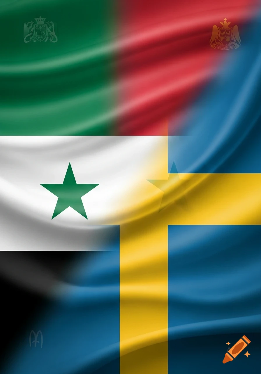 A vertically blended image featuring a green and red flag on the left, and a blue and yellow flag on the right, with waving fabric textures.