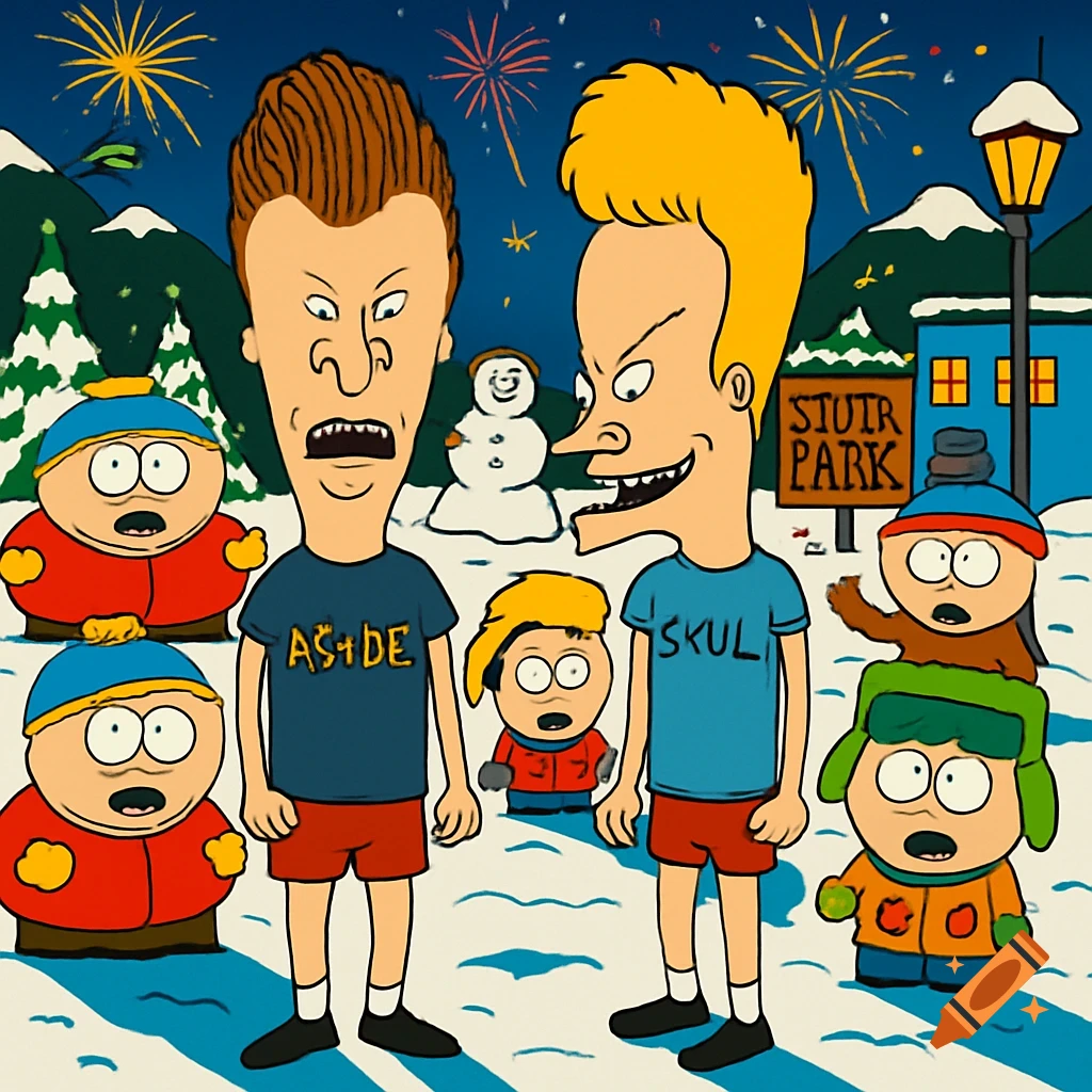 Beavis and Butt-Head stand in the snow with several South Park characters in a winter scene with fireworks.