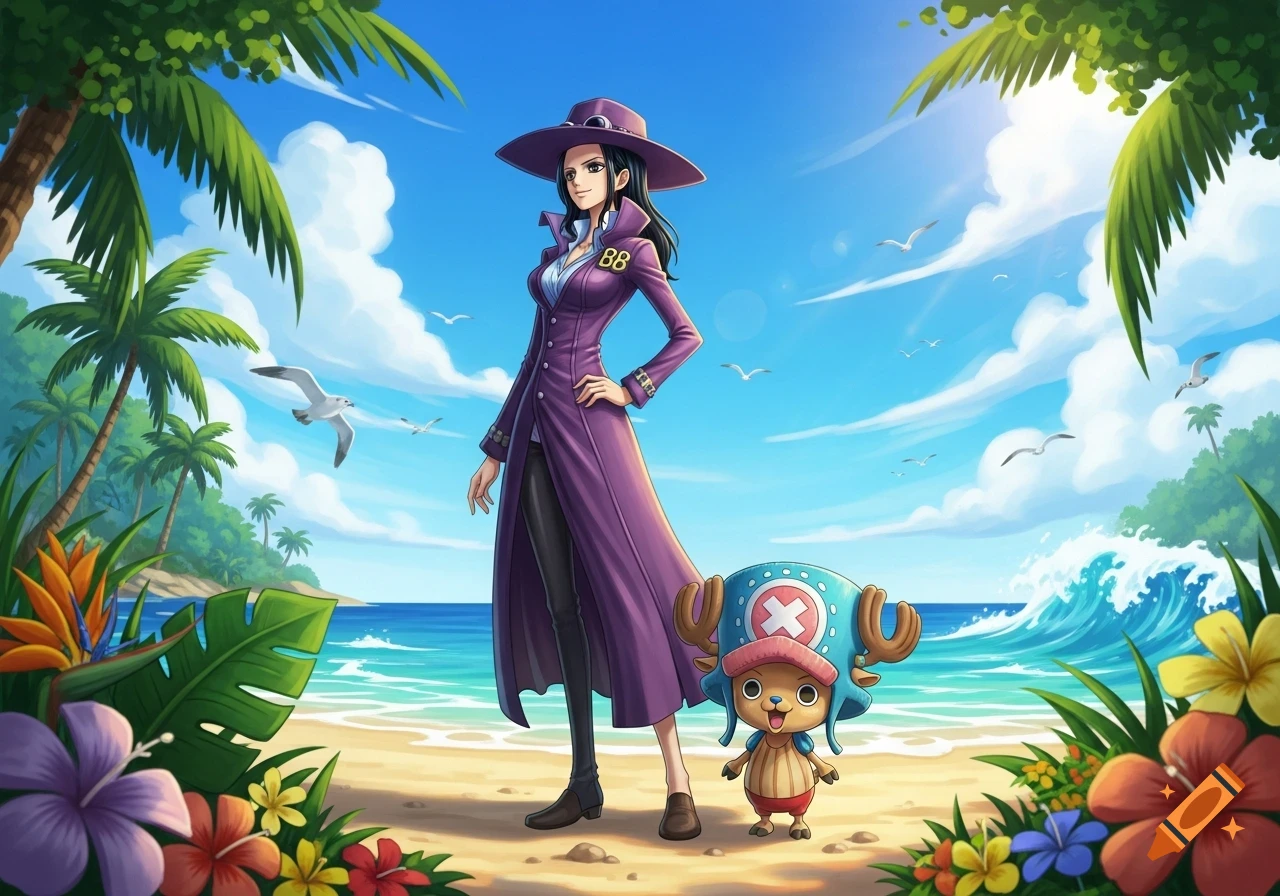 Anime characters Nico Robin and Chopper stand on a sunny tropical beach with palm trees and flowers.