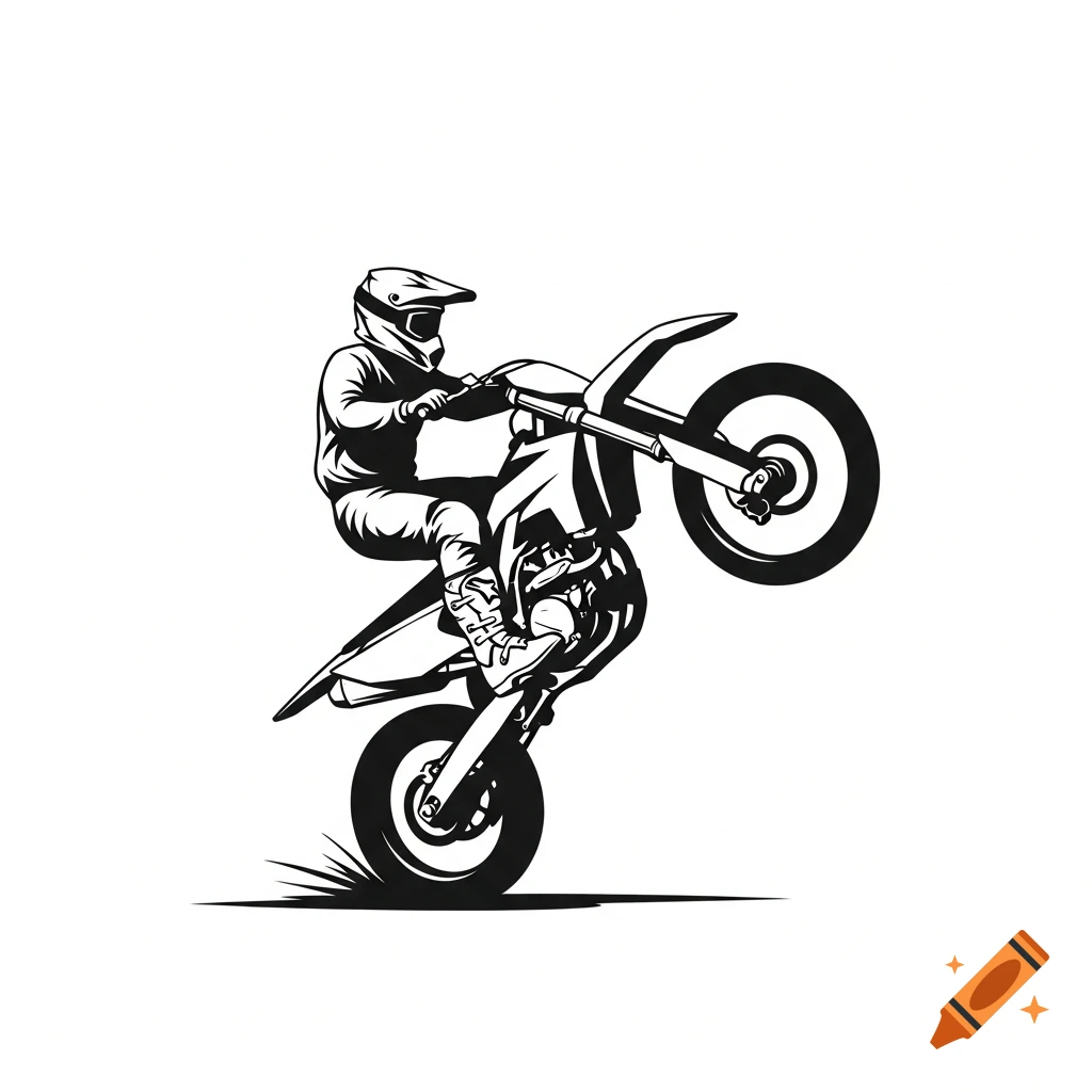 Black and white illustration of a motocross rider performing a wheelie.