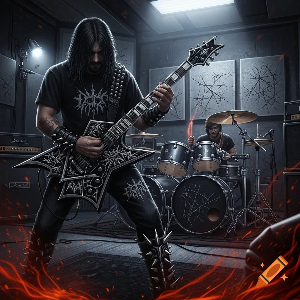 A long-haired metal guitarist in spiked gear intensely plays an electric guitar, with a drummer visible behind him in a dimly lit studio surrounded by stylized flames.