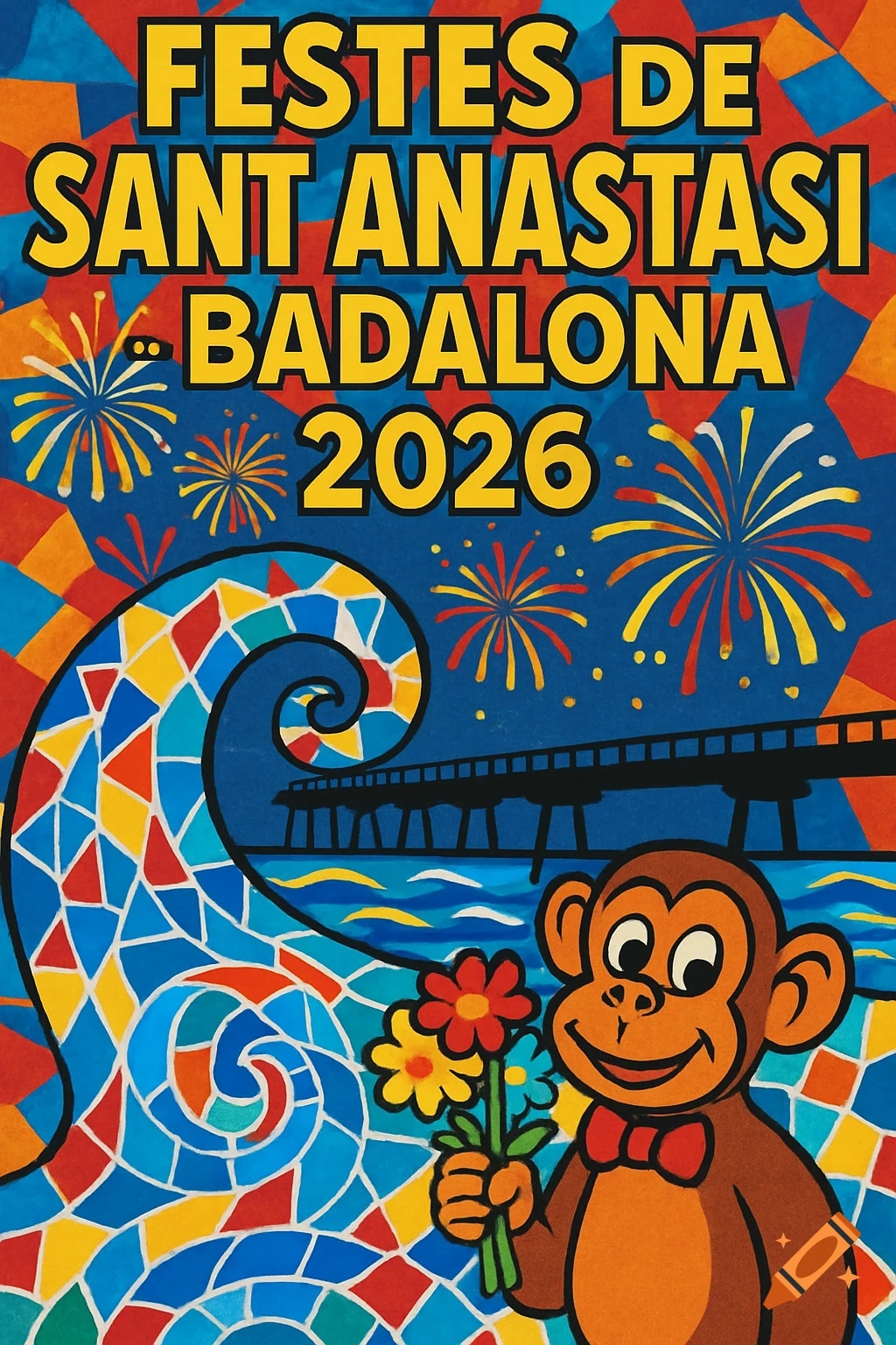 Vibrant festival poster, Modernism-Pop Art style. Text 'FESTES DE SANT ANASTASI BADALONA 2026' with monkey, fireworks, pier, and mosaic wave.