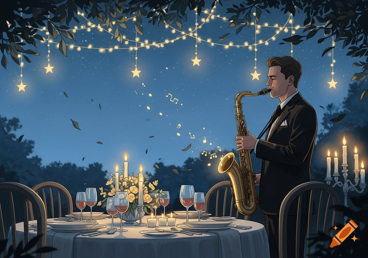 An illustrated man in a suit plays a saxophone at an elegant outdoor dinner party under string lights and a starry night sky.