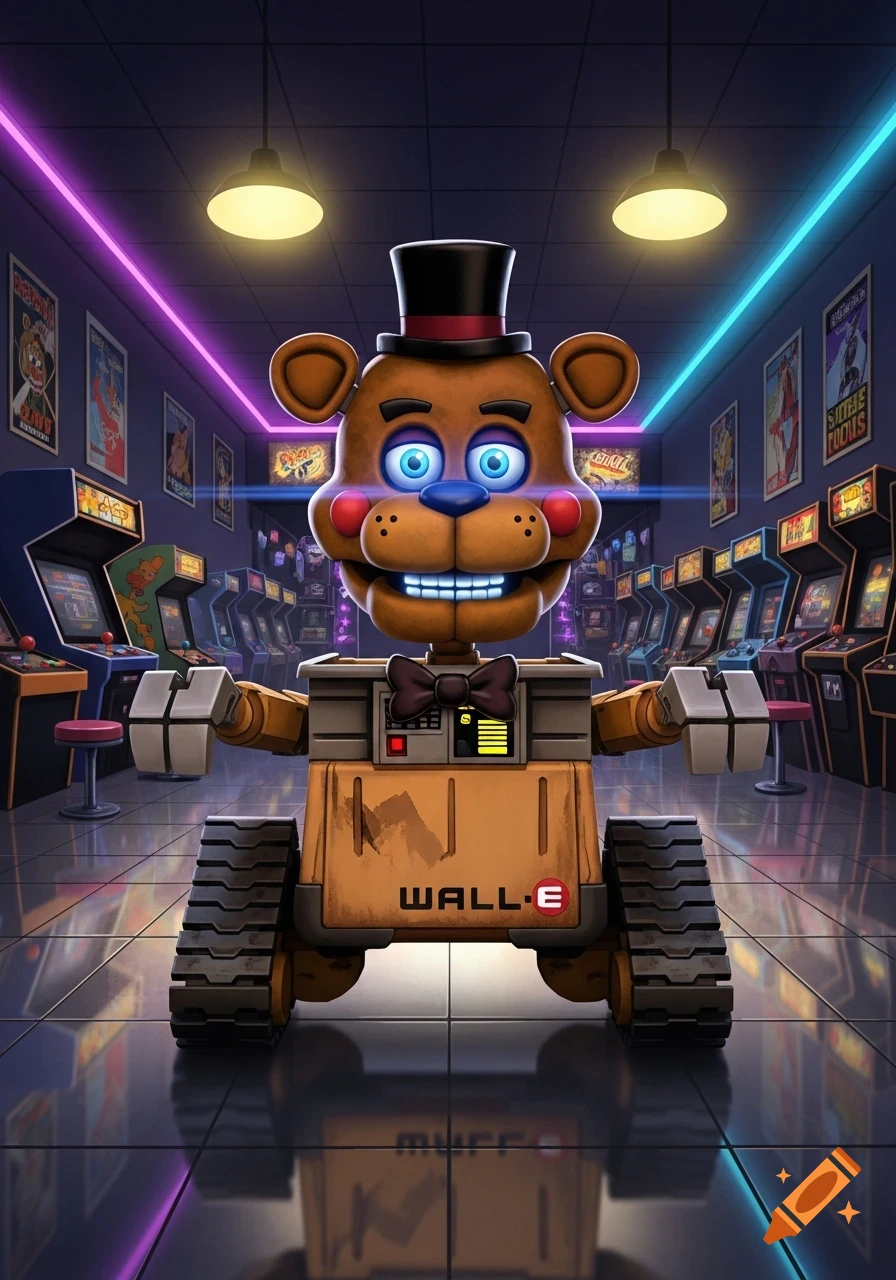 A hybrid character with Freddy Fazbear's head and WALL-E's body stands in a vibrant, neon-lit arcade filled with game machines.