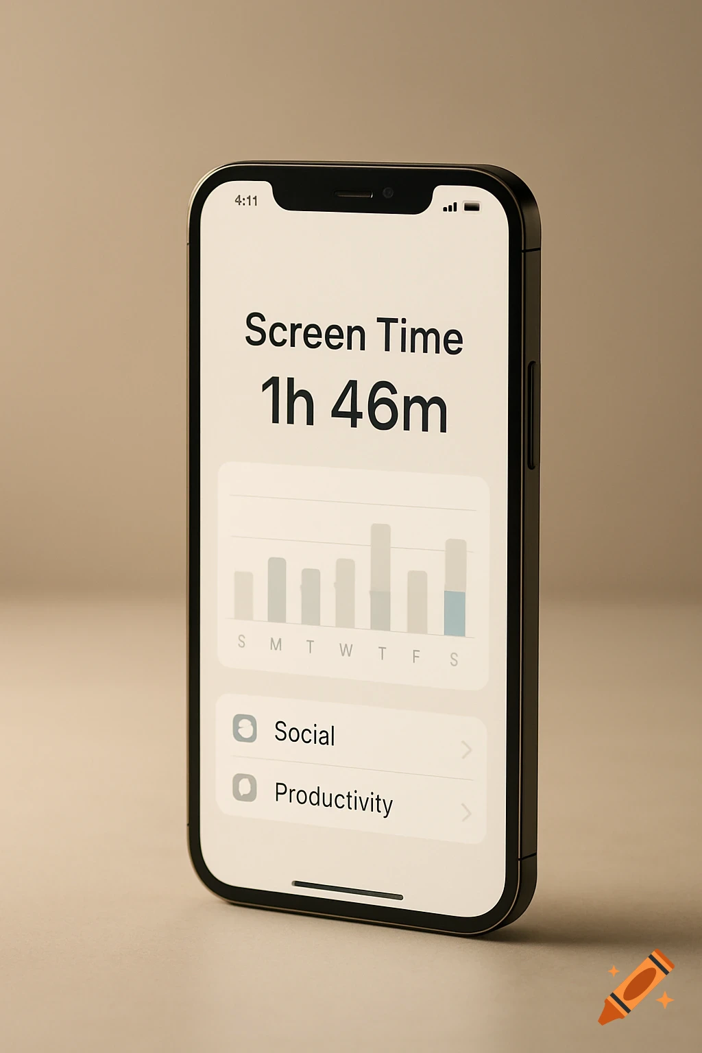 A photorealistic close-up of a modern smartphone screen displaying a 'Screen Time' report showing '1h 46m'.