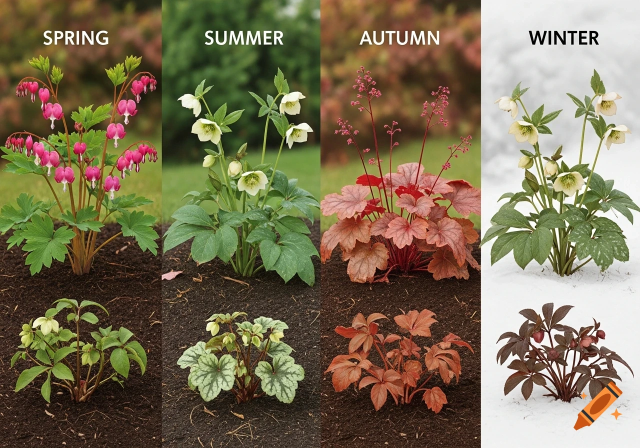 A four-panel botanical image showing bleeding hearts, hellebores, and heucheras changing through spring, summer, autumn, and winter.