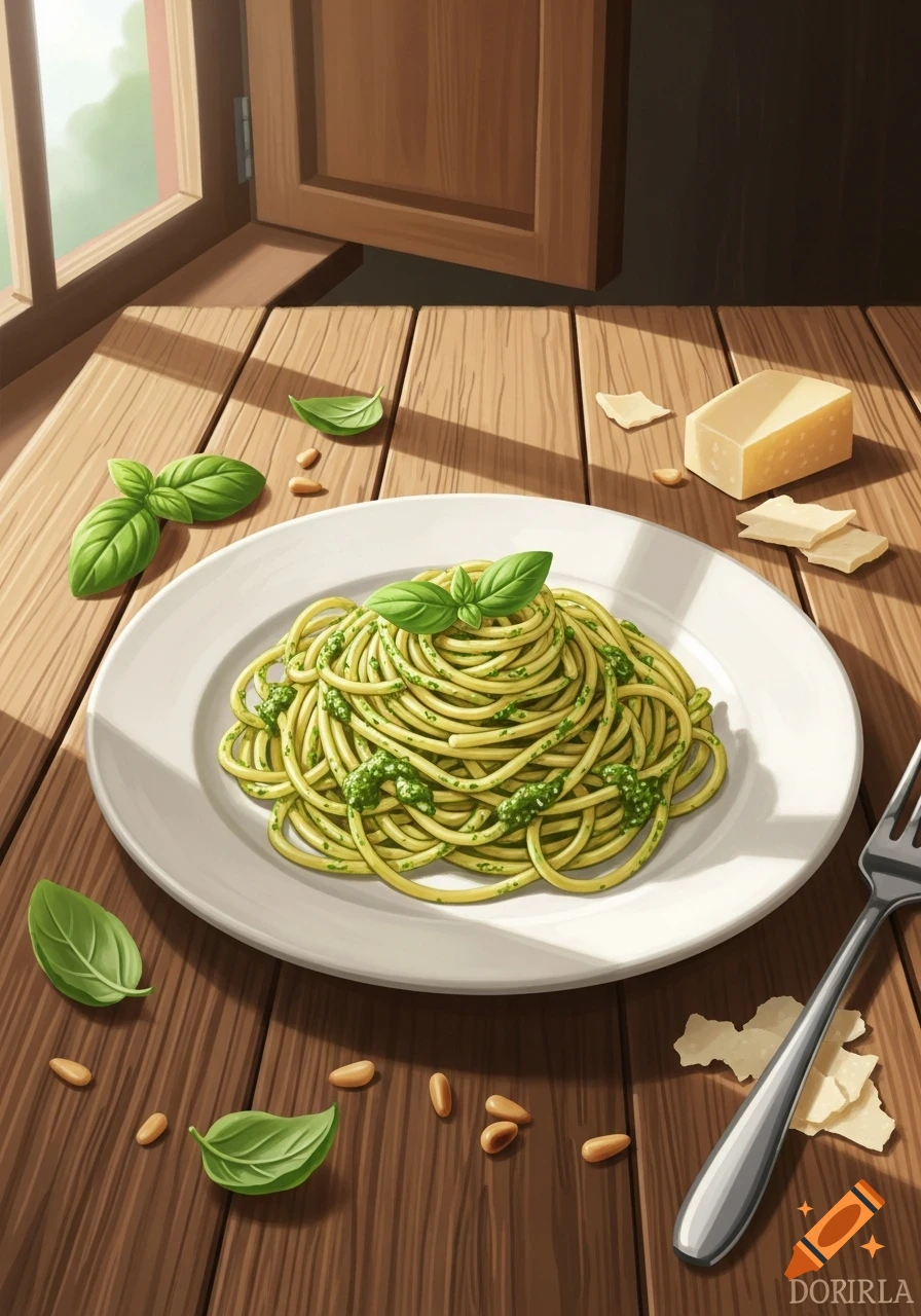 An illustrative plate of spaghetti with pesto, basil, pine nuts, and Parmesan on a wooden table by a window.
