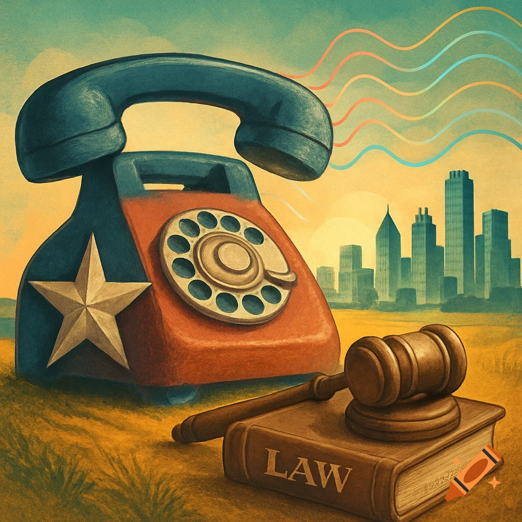A retro-style rotary phone with a star, a gavel on a book titled "LAW," and a city skyline in the background, in a vintage illustration style.