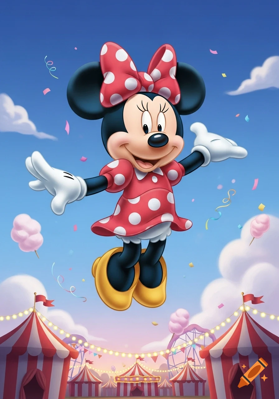 Minnie Mouse floats smiling above a colorful carnival with striped tents and string lights, surrounded by confetti and cotton candy.