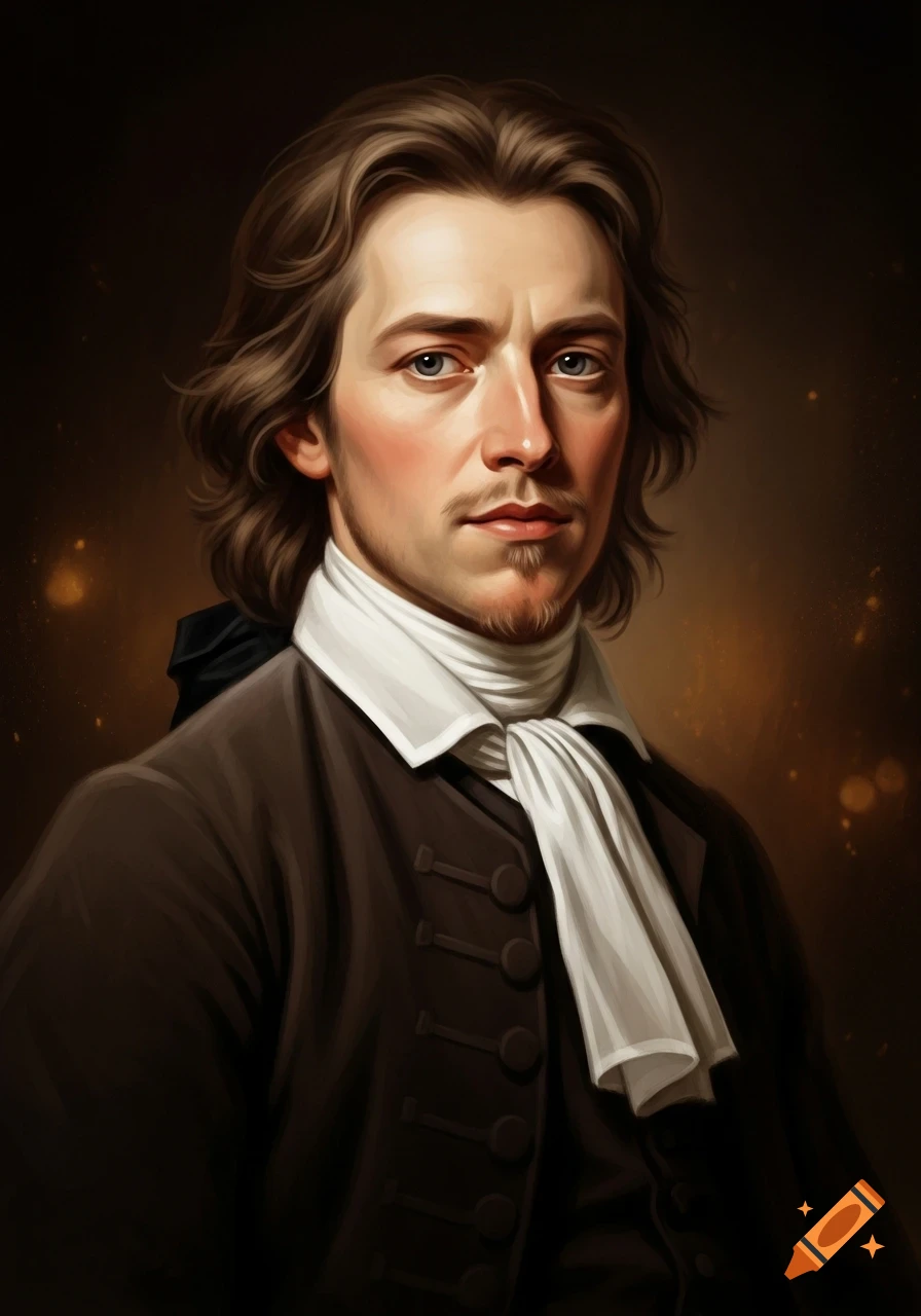 Painting of a thoughtful man with wavy brown hair, goatee, dark coat, and white cravat against a dark, glowing background.