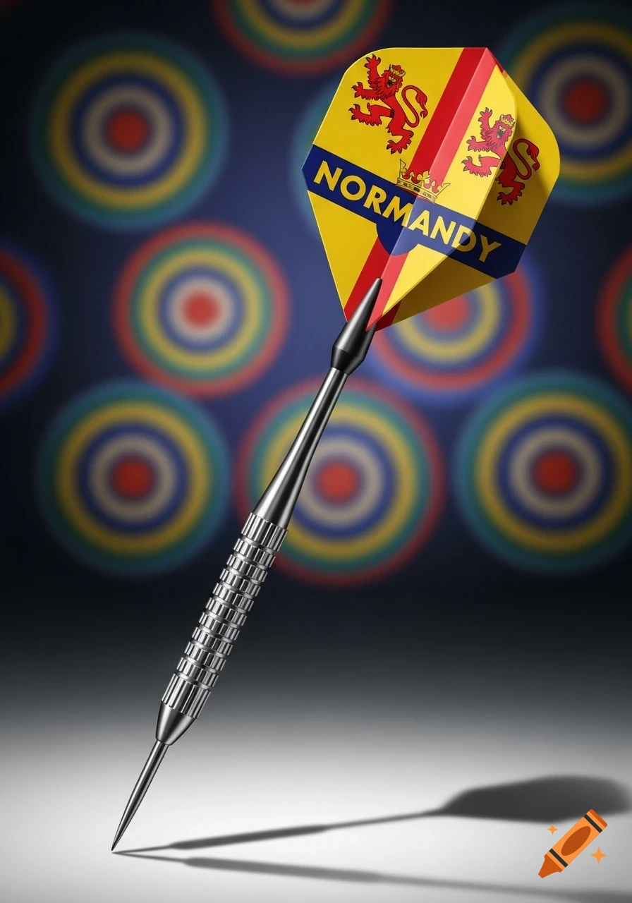 A photorealistic dart with a yellow flight featuring the Normandy flag design (red lions, 'NORMANDY' text), standing upright on a light surface.