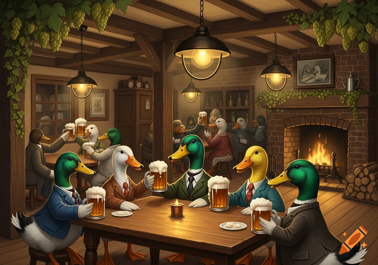 Anthropomorphic ducks in suits clinking and drinking mugs of beer in a cozy pub with a fireplace and hanging hops.