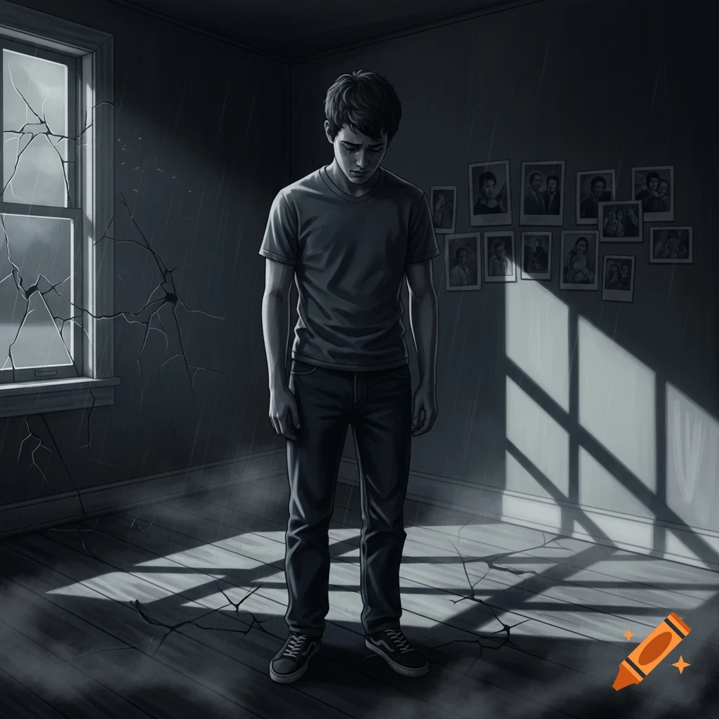 A young man stands dejectedly in a dark, cracked room with rain outside a window, lit by sunlight.