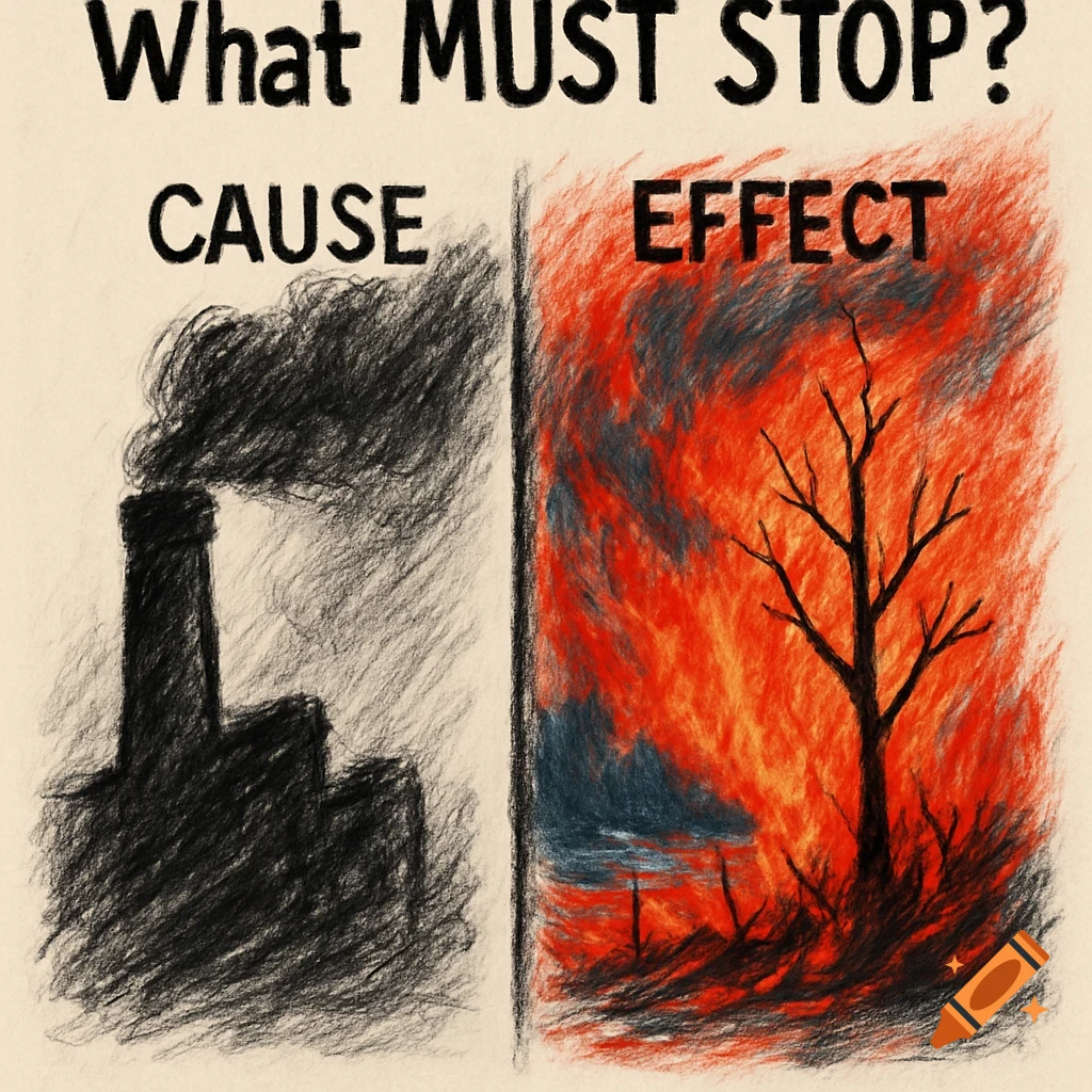A crayon-style drawing depicting "CAUSE" (a smoking factory) and "EFFECT" (a tree ablaze in a forest fire), with the question "What MUST STOP?"
