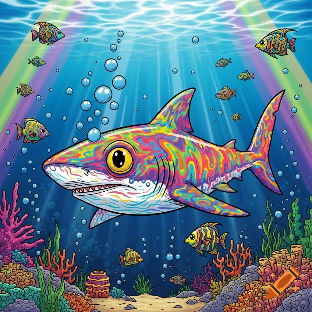 A vibrantly colorful, psychedelic shark with big yellow eyes swims in a clear blue ocean surrounded by tropical fish, bubbles, coral, and rainbow light rays.