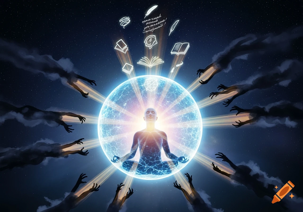 A meditating figure within a glowing sphere, surrounded by shadowy hands and floating symbols against a starry sky, representing thought and influence.