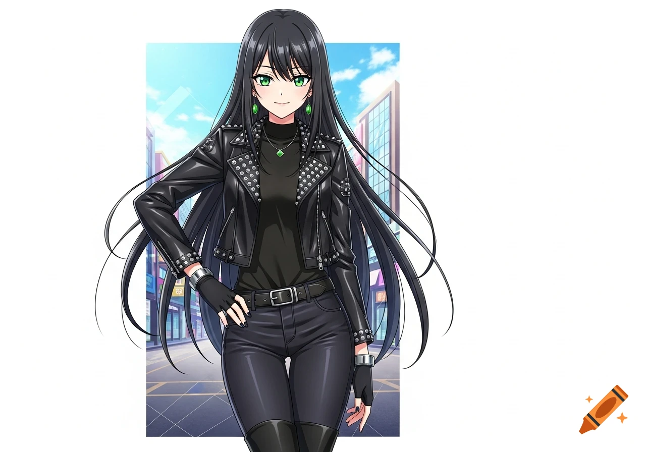 A confident anime girl with long black hair and green eyes wears a black studded leather jacket and pants in a city setting.
