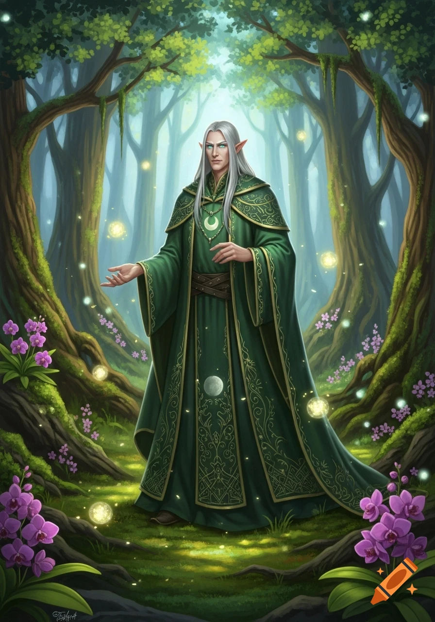 Male elf with long white hair and green eyes in ornate green robes stands in an enchanted forest with glowing orbs and purple flowers.