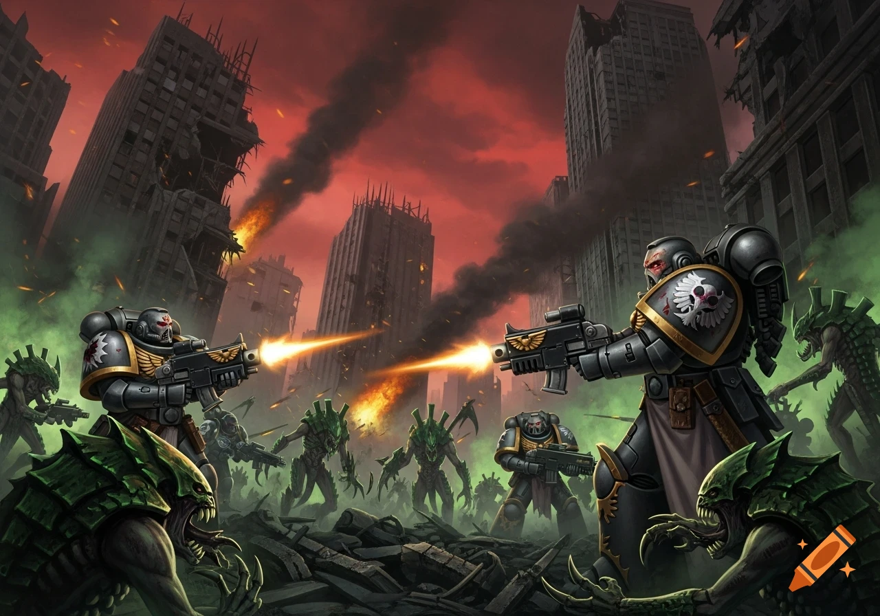 Space Marines battle Tyranids in a ruined cityscape under a fiery red sky, sci-fi art.