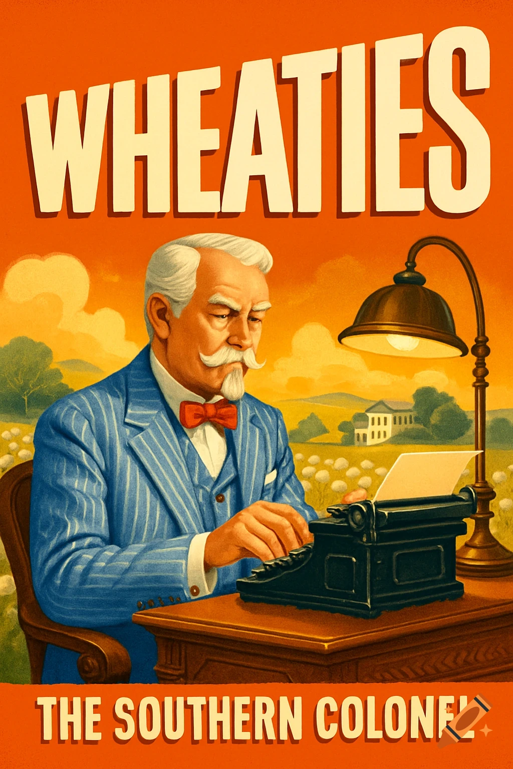 Vintage poster of a white-haired man with a goatee in a blue pinstripe suit, typing on a typewriter. Text reads "WHEATIES" and "THE SOUTHERN COLONEL".