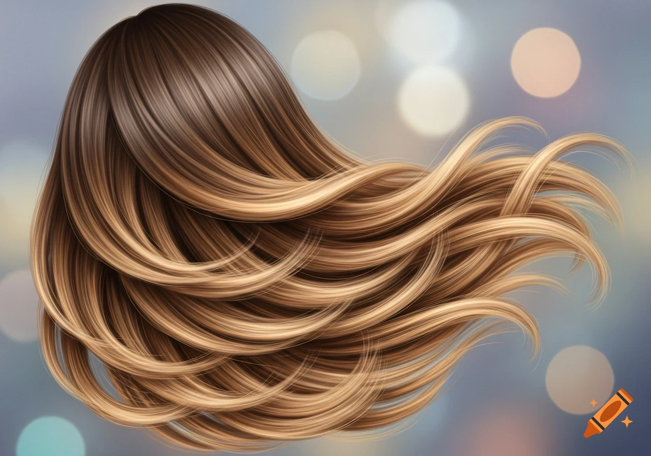 Flowing brown and blonde balayage hair against a blurry bokeh background.