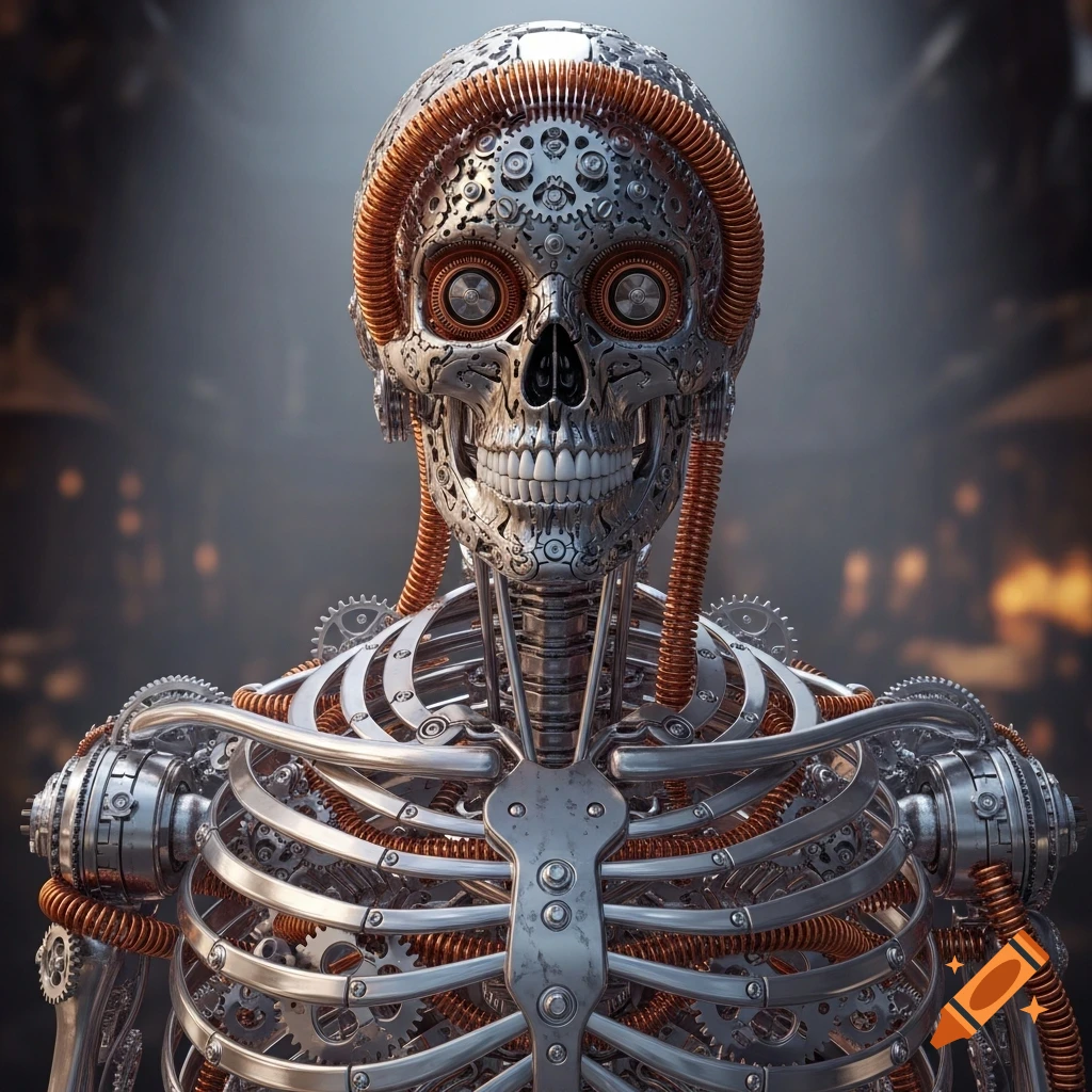 Detailed metallic robot skeleton with silver gears and copper tubes on a dark, blurred background.
